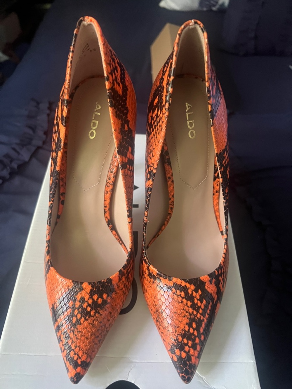 ALDO Orange and Black Snake-Print Pointed Toe Pumps
